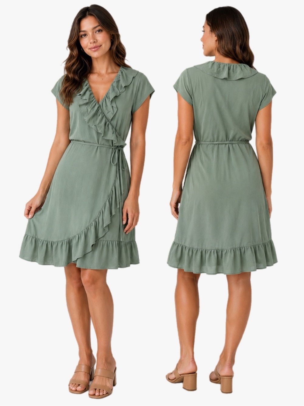 Matilda Jane Light as Air Wrap Dress Sage Green Ruffle Trim Women’s Size XL